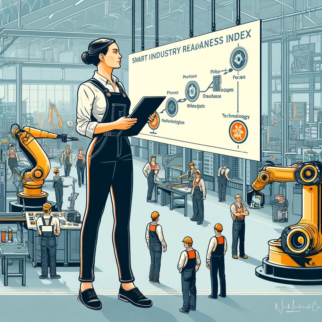 An image of a female manufacturing leader standing on the shop floor of a factory, showcasing advanced manufacturing equipment