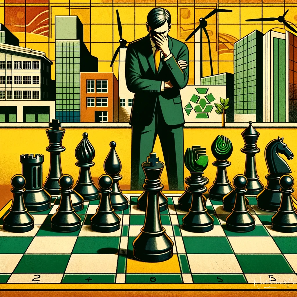 A sustainability leader in a manufacturing company stands by a chess board